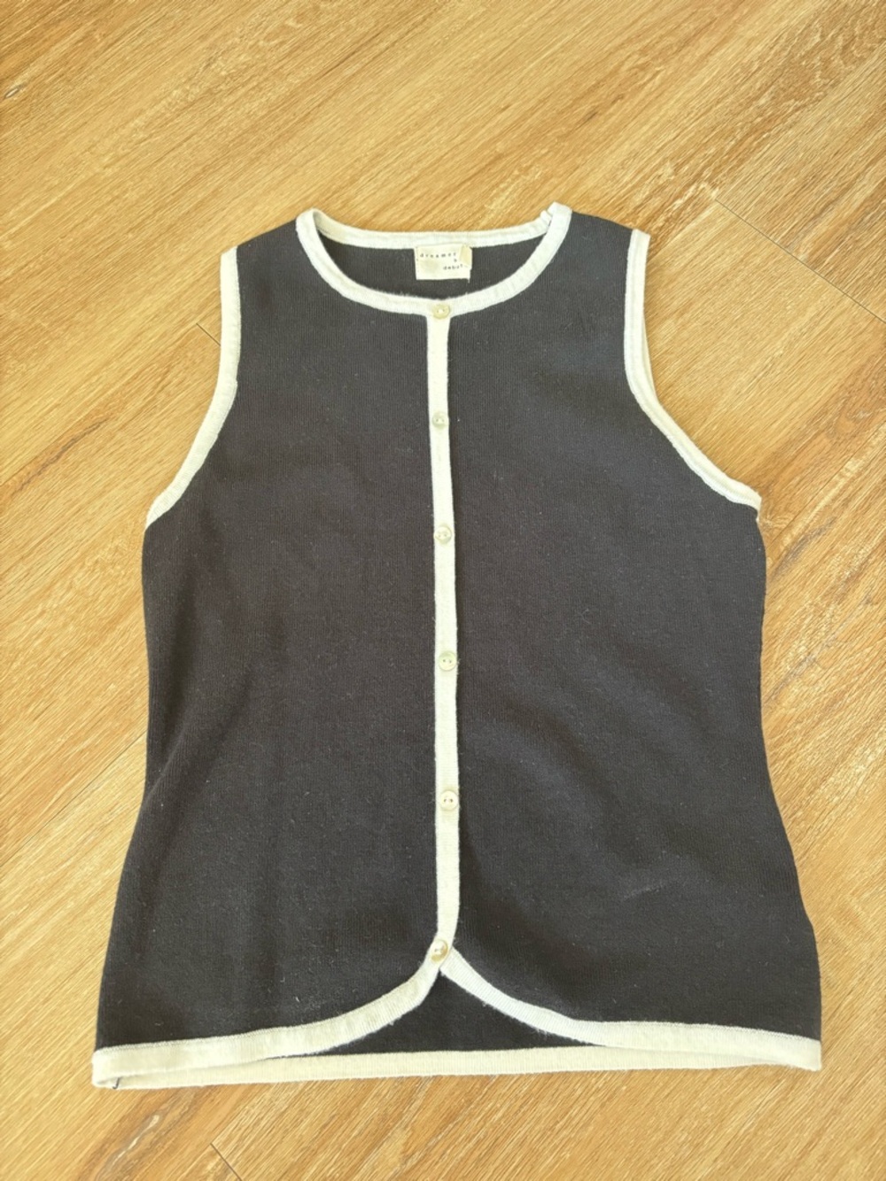 Classic Black Sleeveless Cardigan Vest with Cream Trim